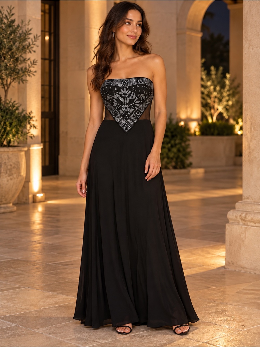 Tadashi for Neiman Marcus Strapless Black Maxi Dress w/ beaded Bodice MSRP~$500